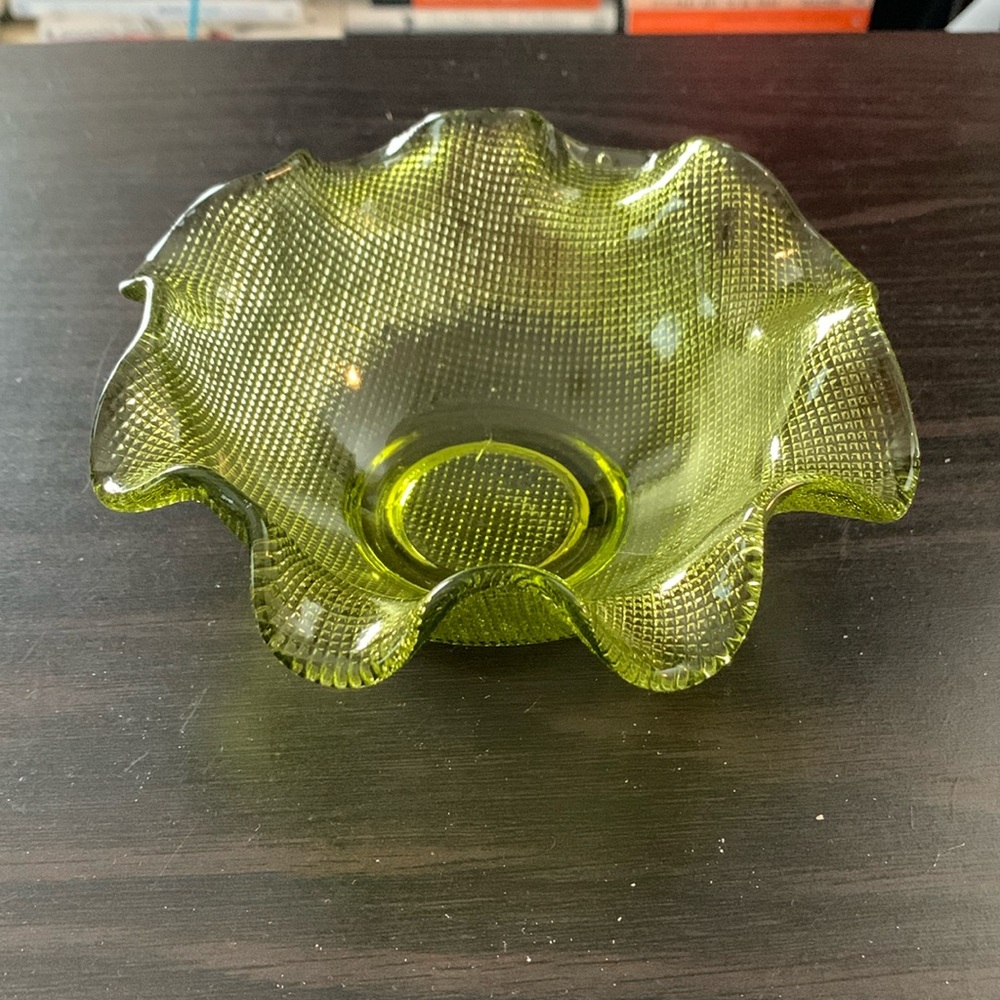 Vintage Indiana Waffle Glass Candy Dish Lite Green